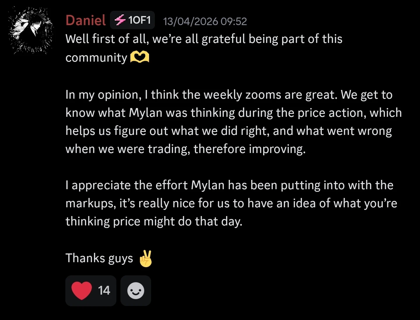 Discord community testimonial about weekly zooms and markups