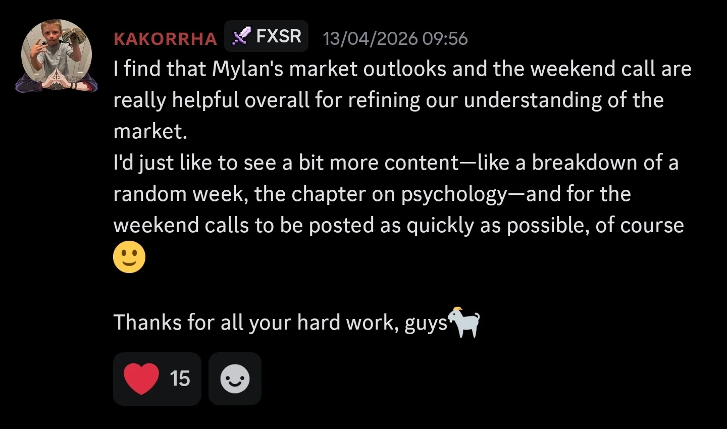 Discord community testimonial about market outlooks and weekend calls